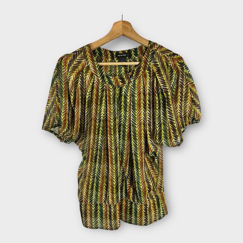 Spense Womens size Large Retro Faux Wrap Sheer Short Sleeve Blouse Top
